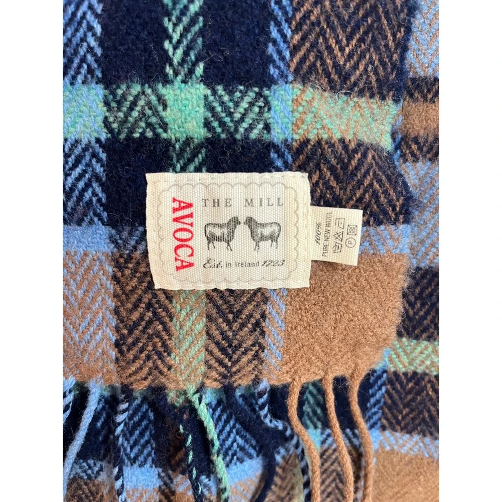 Avoca Handweavers Ireland Pure New‎ Wool Plaid Scarf Blue Herringbone Fringed